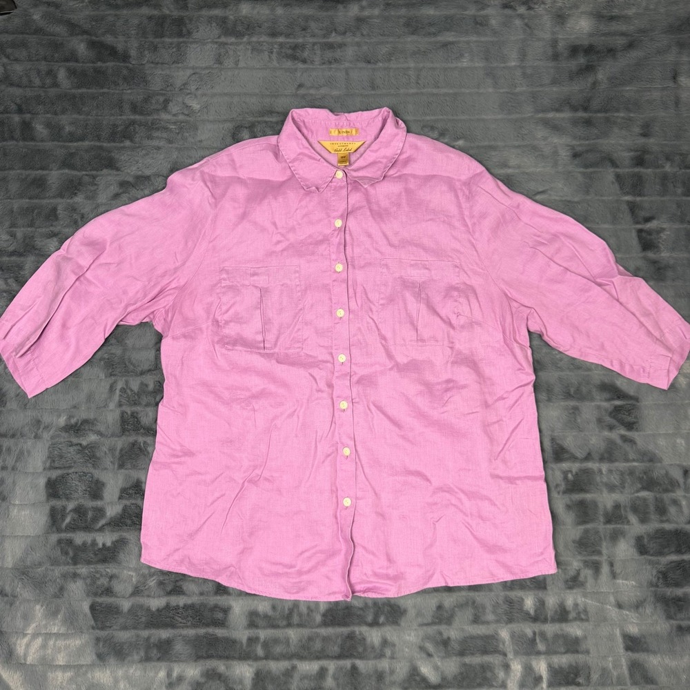 Investments Woman Gold Label Pink 100% Linen Button Up Shirt Blouse Plus 18W